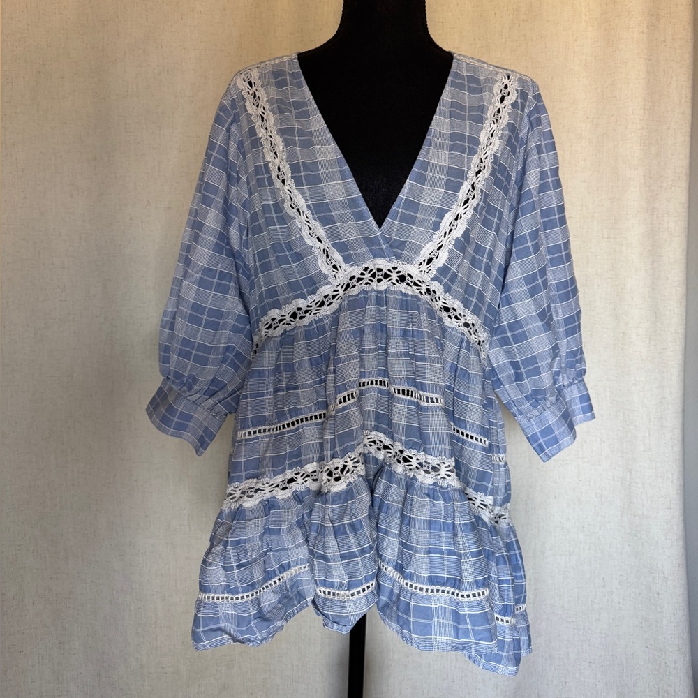 Free People Tunic Blue Plaid Women's Top with Lace Detail